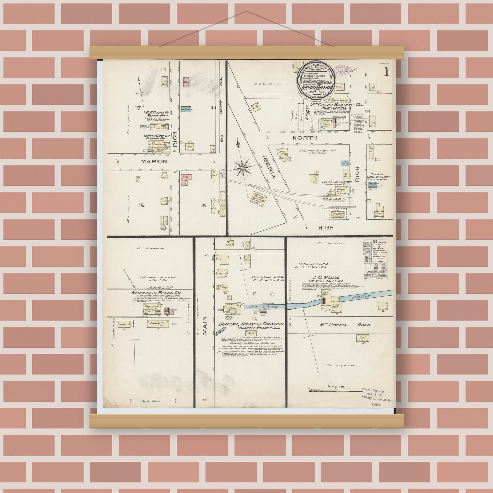 Old map wall art mockup — magnetic wood frame on brick wall — Sanborn Fire Insurance Map from Mount Gilead, Morrow County, Ohio (1885) - Complete Map Set