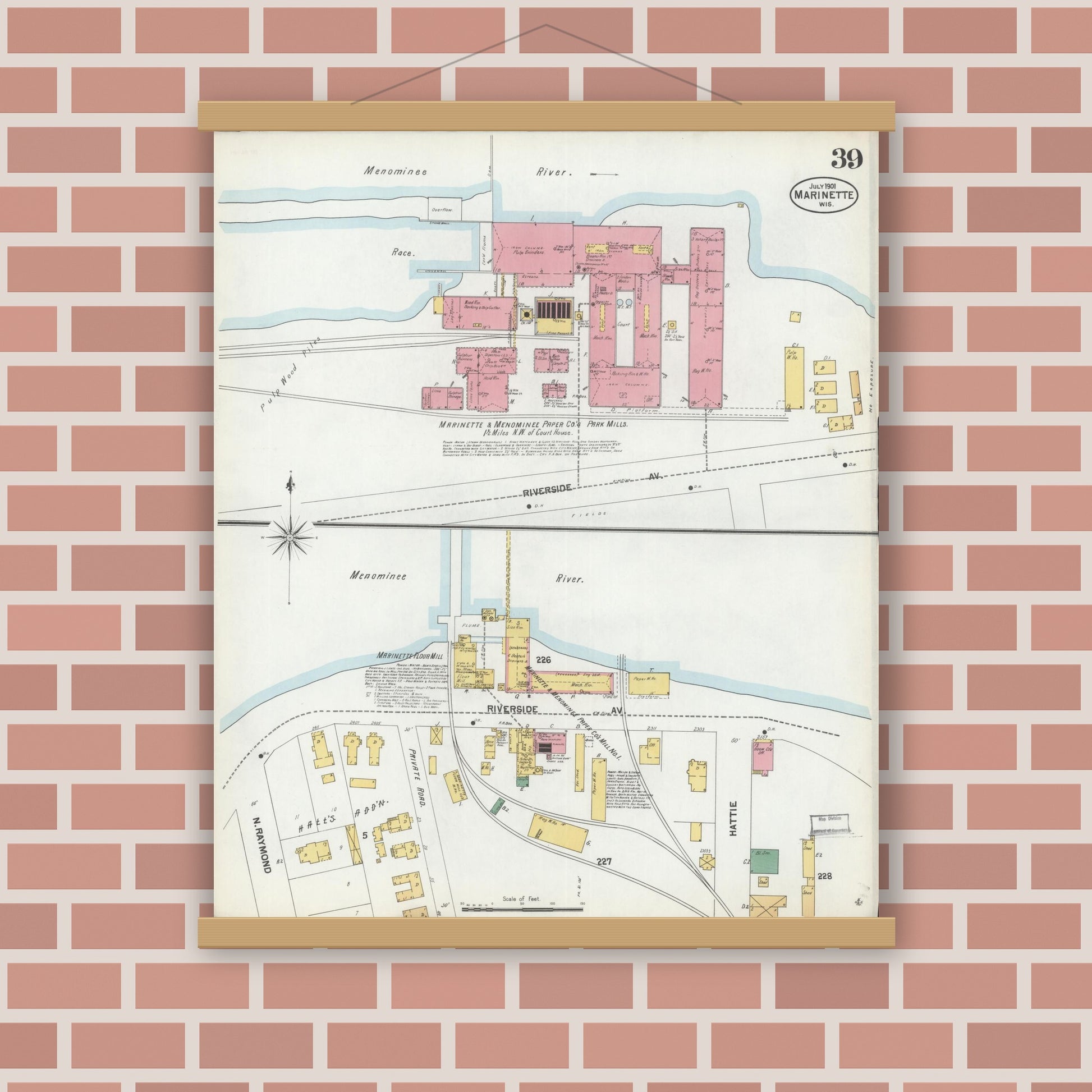 Old map wall art mockup — magnetic wood frame on brick wall — Sanborn Fire Insurance Map from Marinette, Marinette County, Wisconsin (1901), Sheet #0039