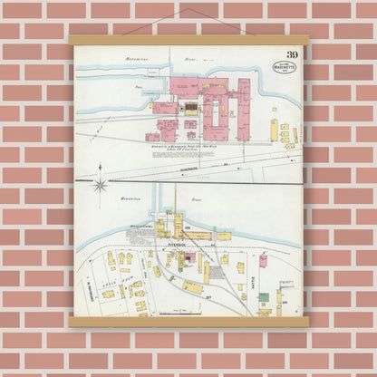 Old map wall art mockup — magnetic wood frame on brick wall — Sanborn Fire Insurance Map from Marinette, Marinette County, Wisconsin (1901), Sheet #0039
