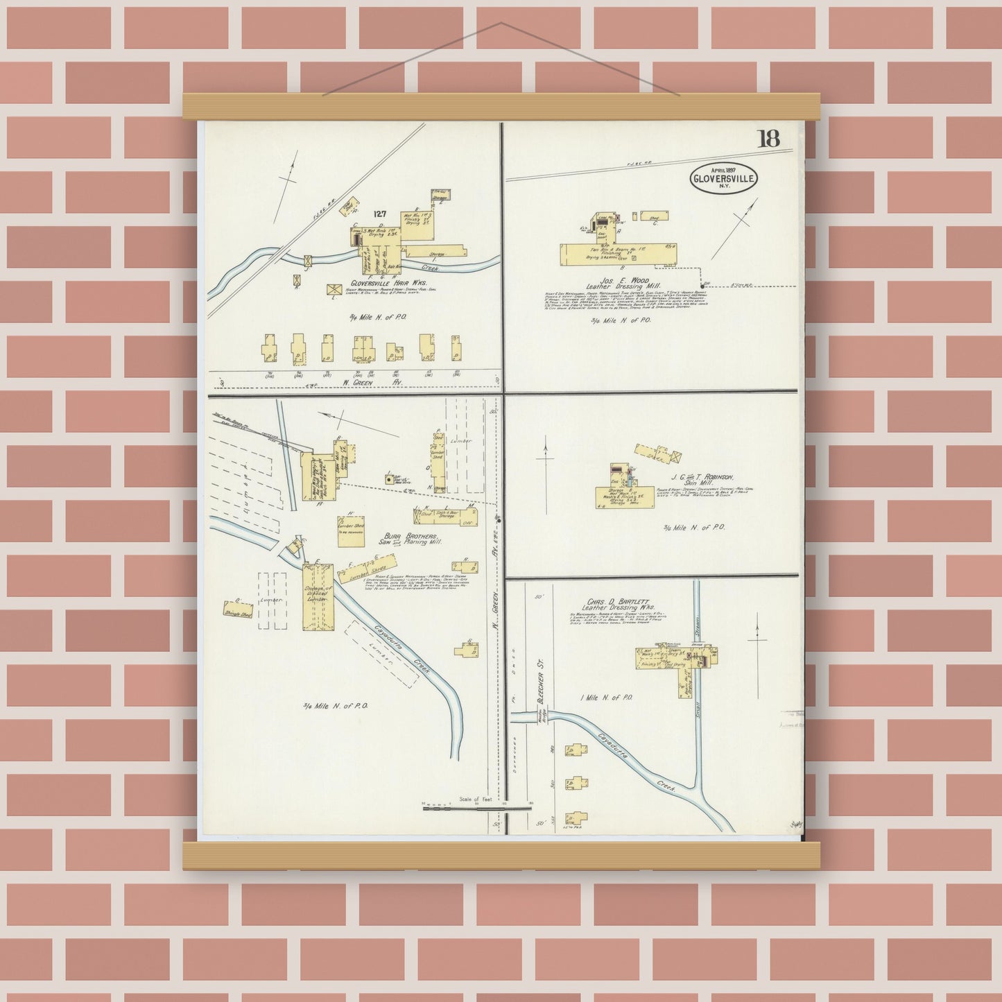 Old map wall art mockup — magnetic wood frame on brick wall — Sanborn Fire Insurance Map from Gloversville, Fulton County, New York (1897), Sheet #0018