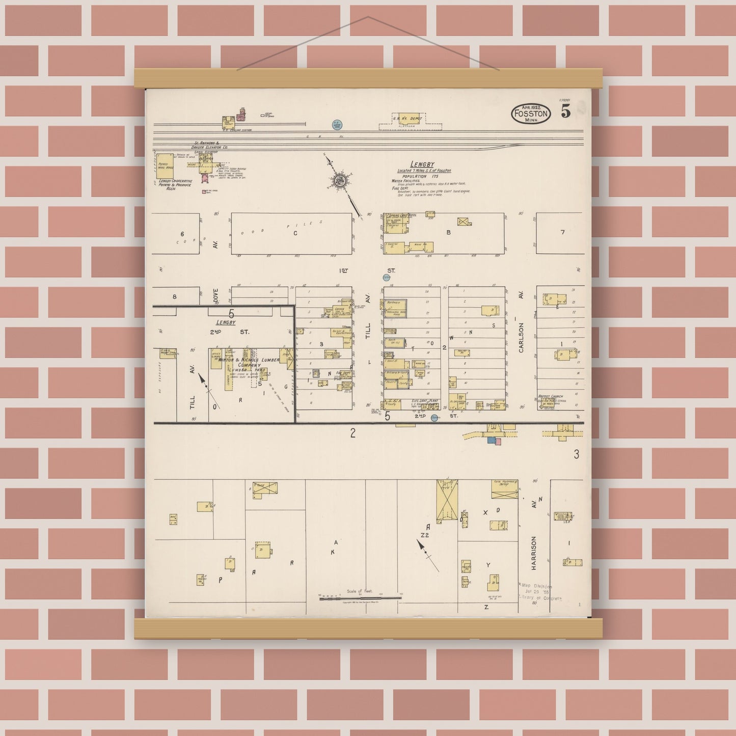 Old map wall art mockup — magnetic wood frame on brick wall — Sanborn Fire Insurance Map from Fosston, Polk County, Minnesota (1922), Sheet #0005