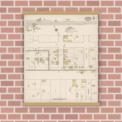 Old map wall art mockup — magnetic wood frame on brick wall — Sanborn Fire Insurance Map from Fosston, Polk County, Minnesota (1922), Sheet #0005
