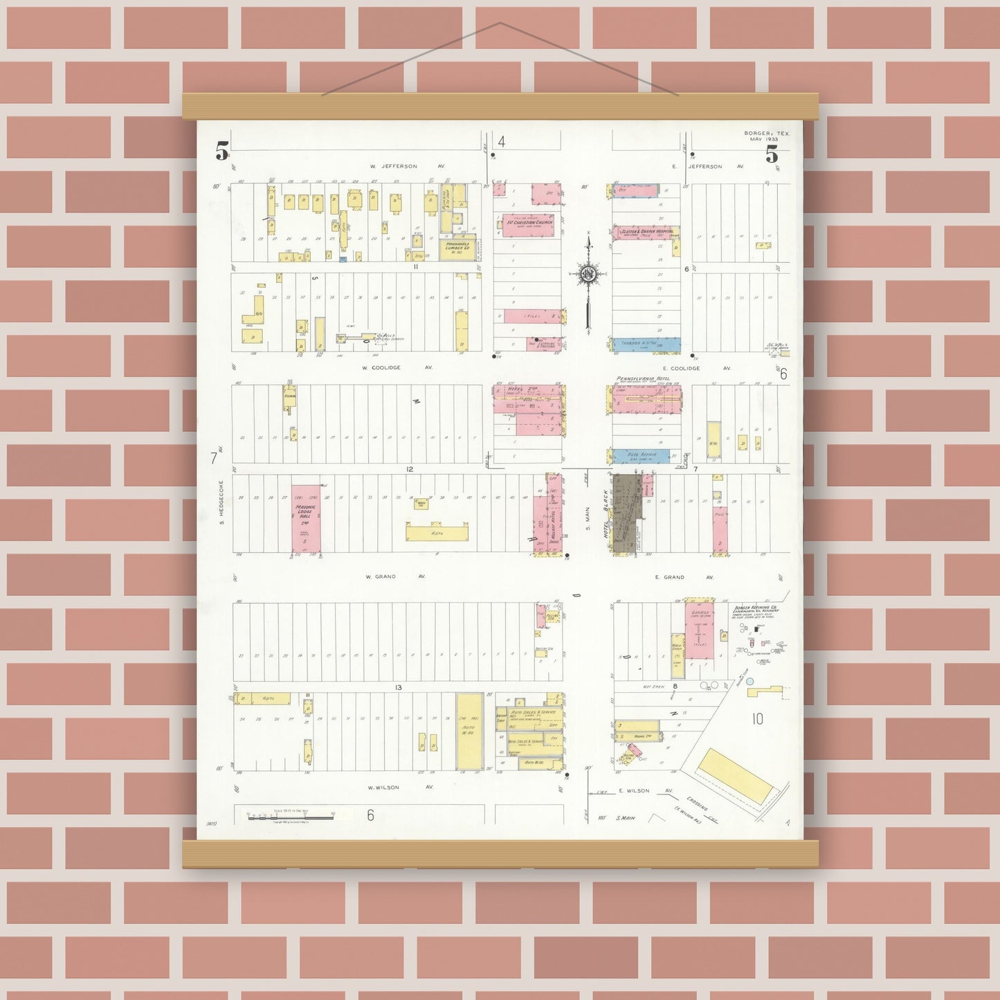 Old map wall art mockup — magnetic wood frame on brick wall — Sanborn Fire Insurance Map from Borger, Hutchinson County, Texas (1933), Sheet #0005