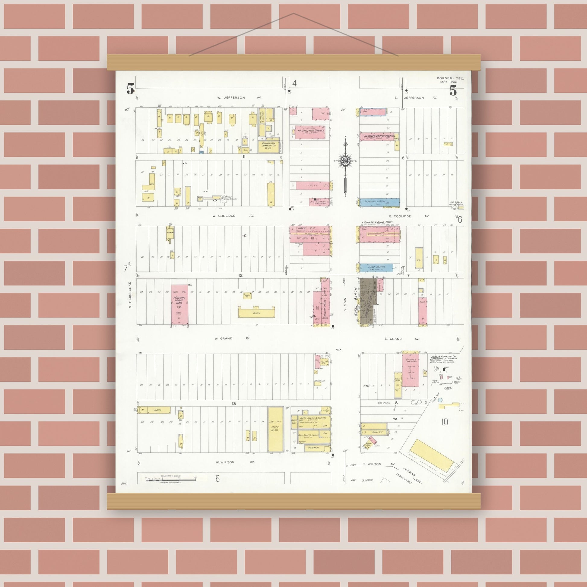 Old map wall art mockup — magnetic wood frame on brick wall — Sanborn Fire Insurance Map from Borger, Hutchinson County, Texas (1933), Sheet #0005