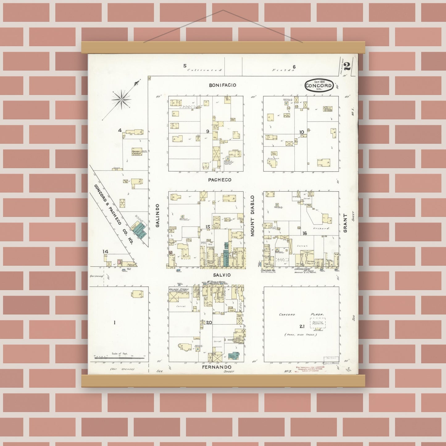 Old map wall art mockup — magnetic wood frame on brick wall — Sanborn Fire Insurance Map from Concord, Contra Costa County, California (1891), Sheet #0002