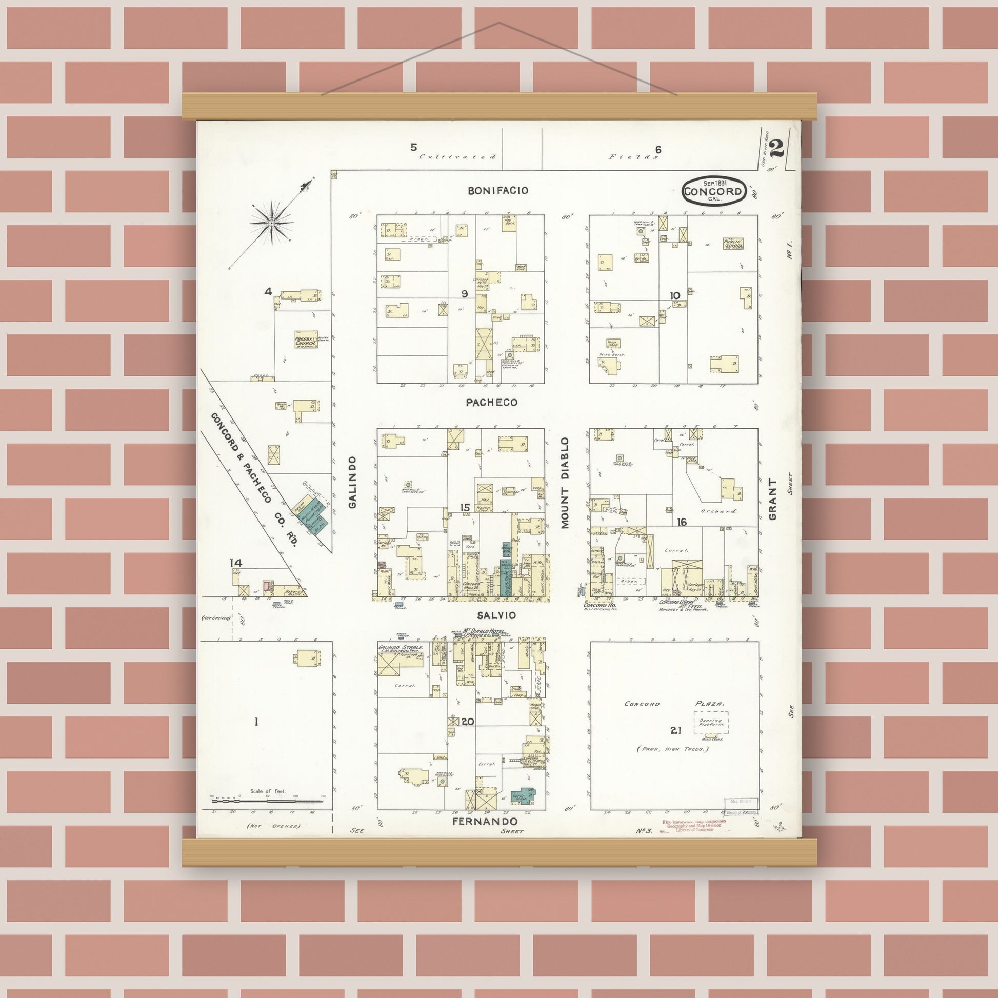 Old map wall art mockup — magnetic wood frame on brick wall — Sanborn Fire Insurance Map from Concord, Contra Costa County, California (1891), Sheet #0002