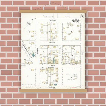 Old map wall art mockup — magnetic wood frame on brick wall — Sanborn Fire Insurance Map from Concord, Contra Costa County, California (1891), Sheet #0002