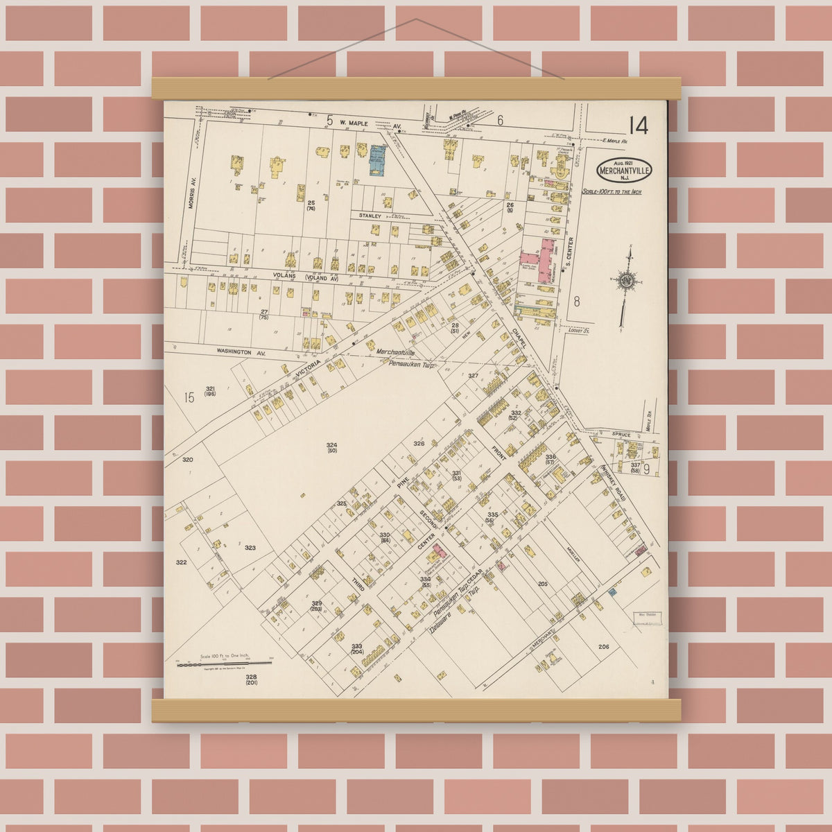 Old map wall art mockup — magnetic wood frame on brick wall — Sanborn Fire Insurance Map from Merchantville, Camden County, New Jersey (1921), Sheet #0014