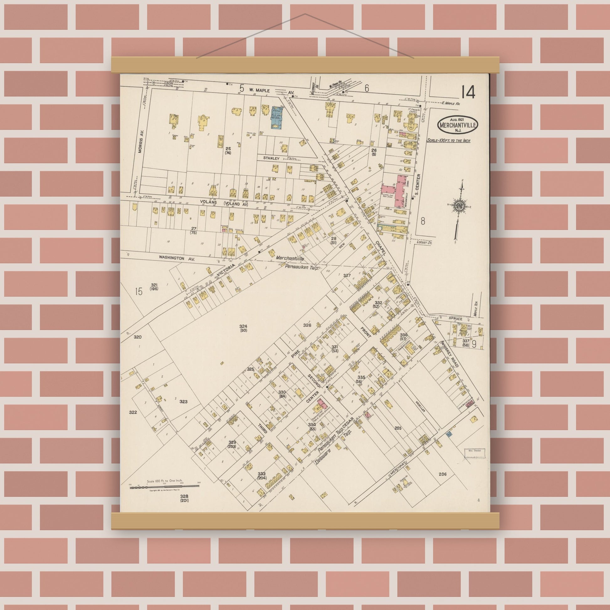 Old map wall art mockup — magnetic wood frame on brick wall — Sanborn Fire Insurance Map from Merchantville, Camden County, New Jersey (1921), Sheet #0014