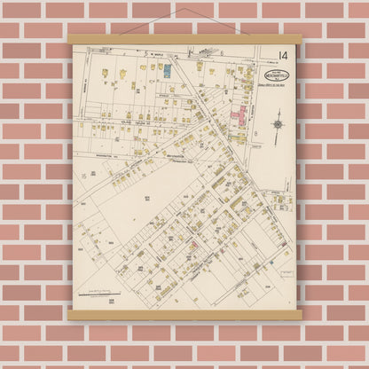 Old map wall art mockup — magnetic wood frame on brick wall — Sanborn Fire Insurance Map from Merchantville, Camden County, New Jersey (1921), Sheet #0014