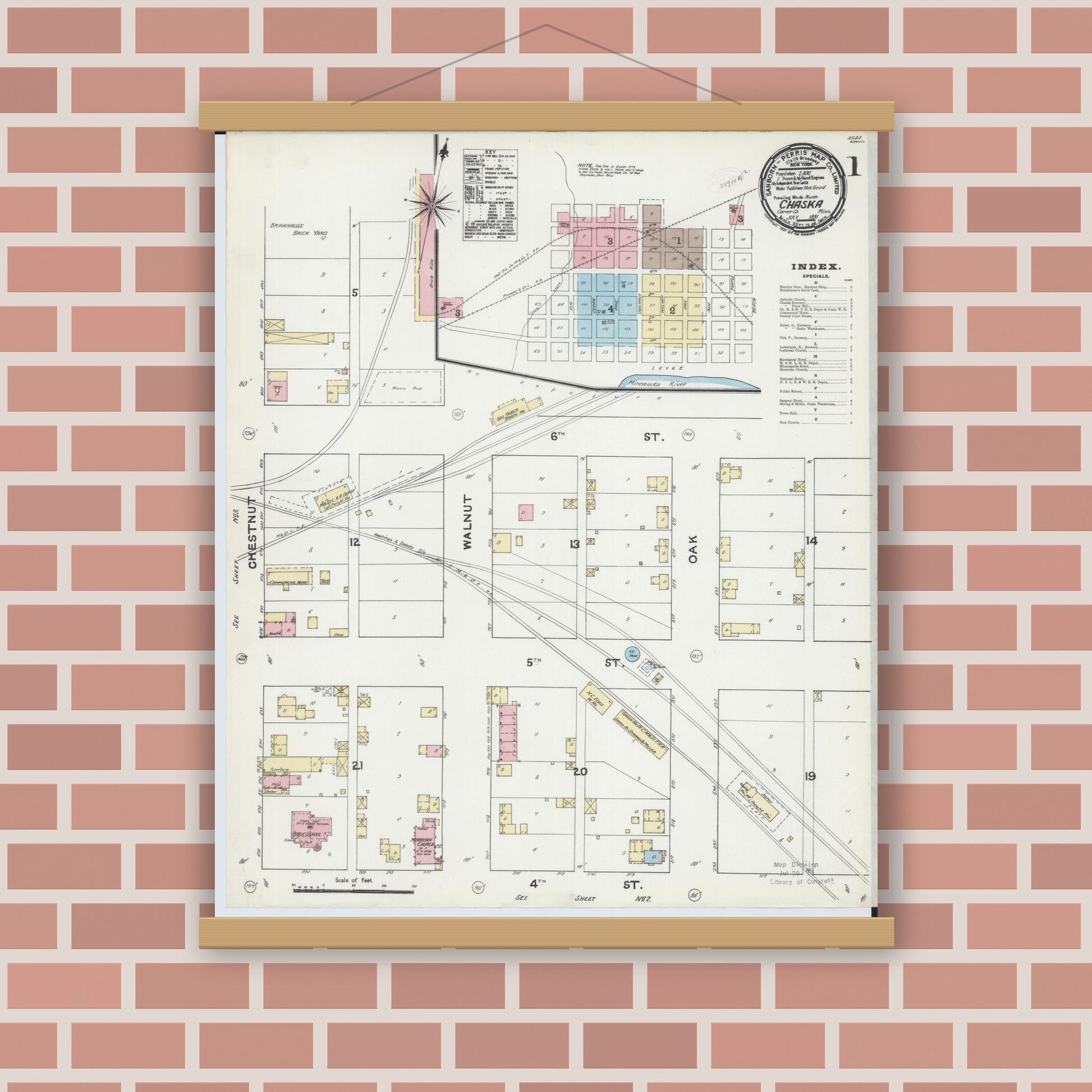 Old map wall art mockup — magnetic wood frame on brick wall — Sanborn Fire Insurance Map from Chaska, Carver County, Minnesota (1891), Sheet #0001