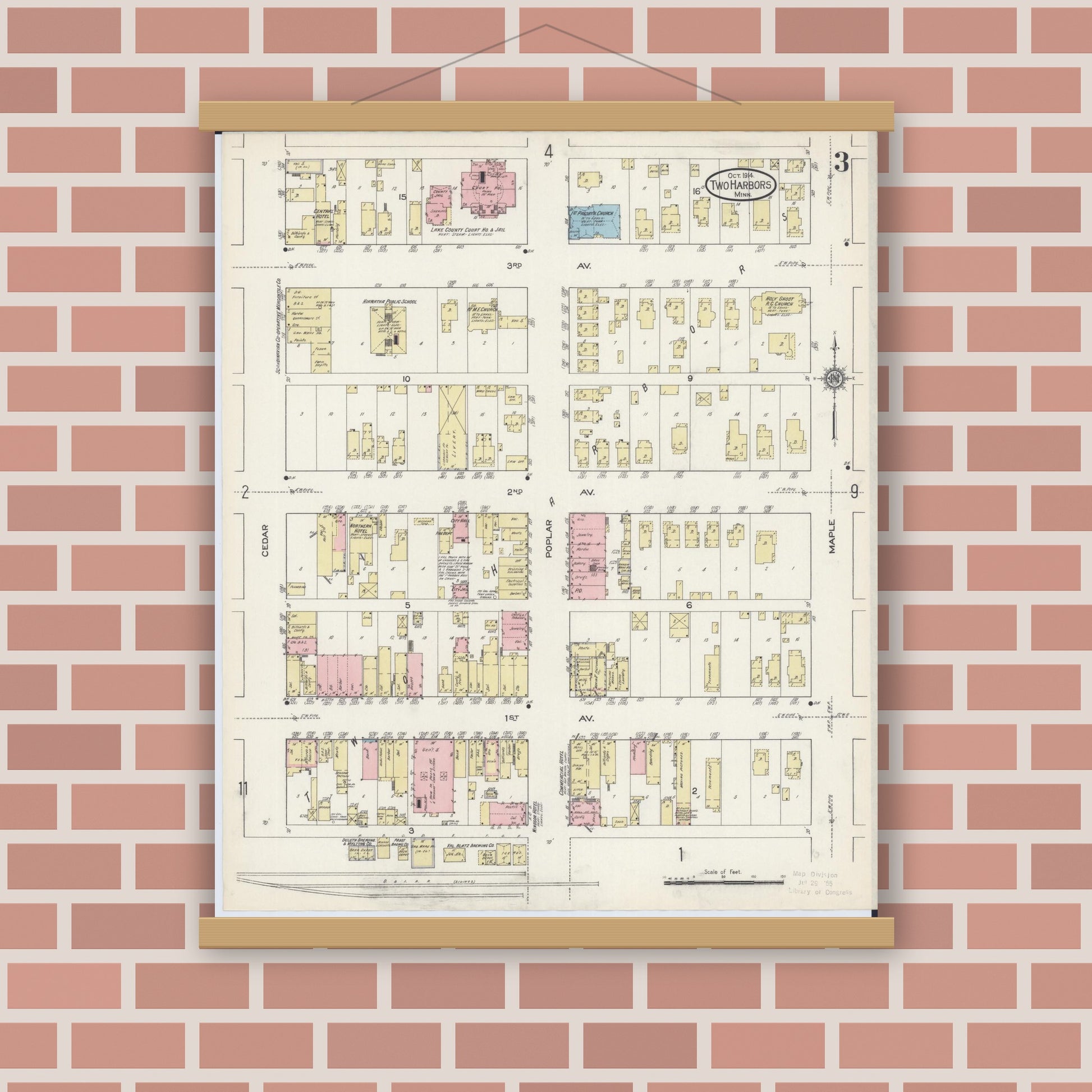 Old map wall art mockup — magnetic wood frame on brick wall — Sanborn Fire Insurance Map from Two Harbors, Lake County, Minnesota (1914), Sheet #0003