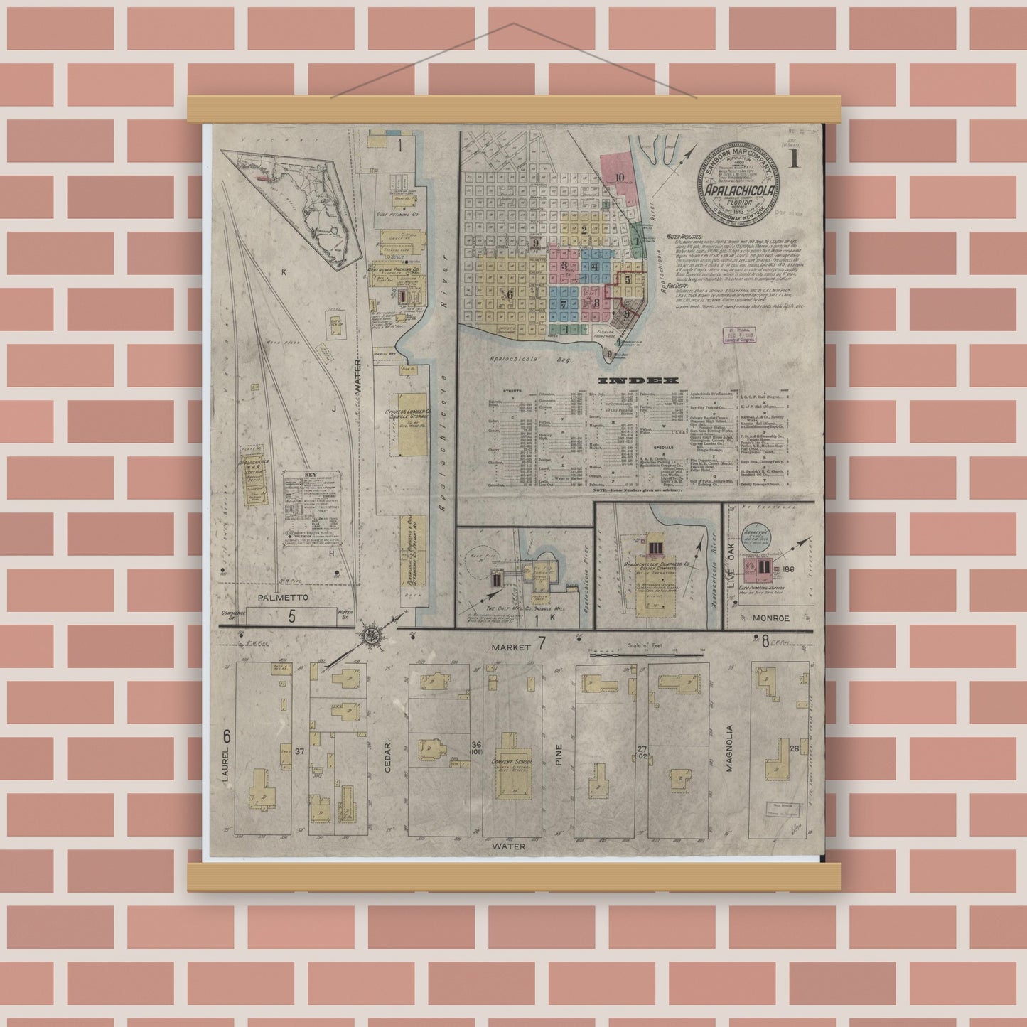 Old map wall art mockup — magnetic wood frame on brick wall — Sanborn Fire Insurance Map from Apalachicola, Franklin County, Florida (1913), Sheet #0001