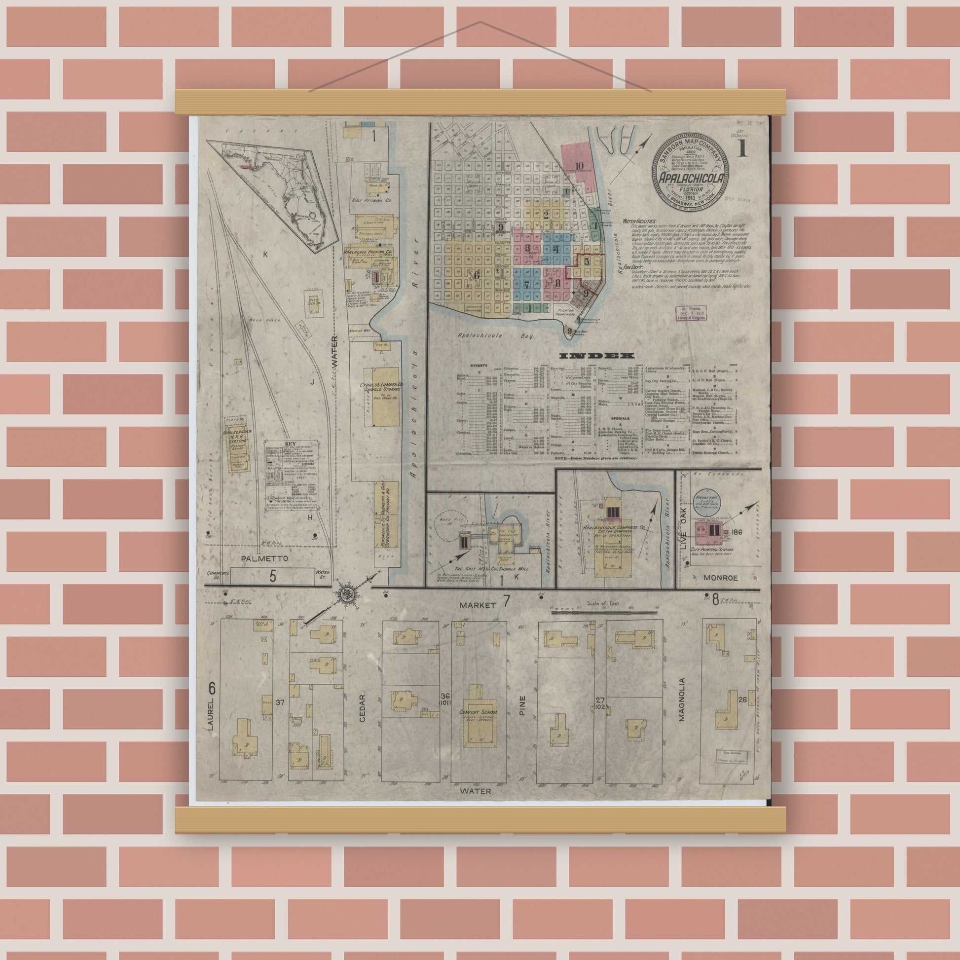 Old map wall art mockup — magnetic wood frame on brick wall — Sanborn Fire Insurance Map from Apalachicola, Franklin County, Florida (1913), Sheet #0001