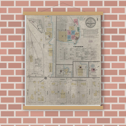Old map wall art mockup — magnetic wood frame on brick wall — Sanborn Fire Insurance Map from Apalachicola, Franklin County, Florida (1913), Sheet #0001