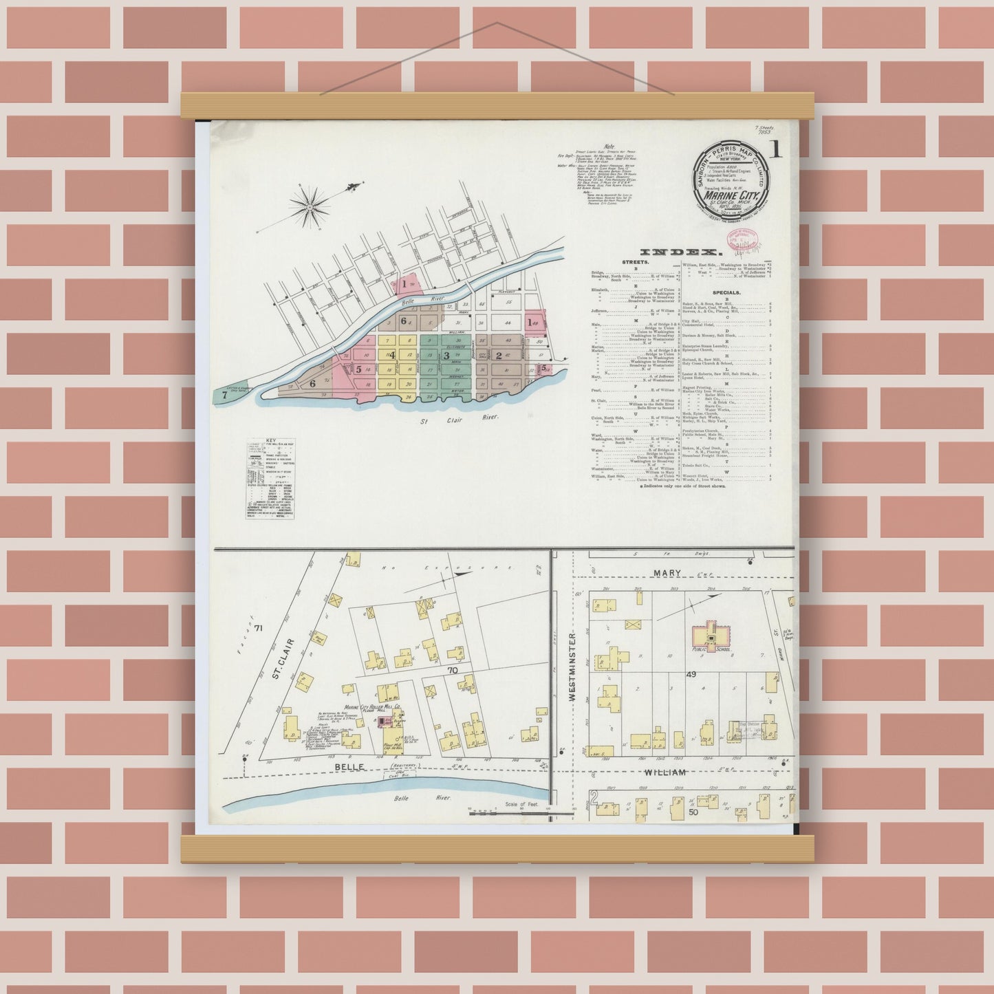 Old map wall art mockup — magnetic wood frame on brick wall — Sanborn Fire Insurance Map from Marine City, Saint Clair County, Michigan (1895) - Complete Map Set