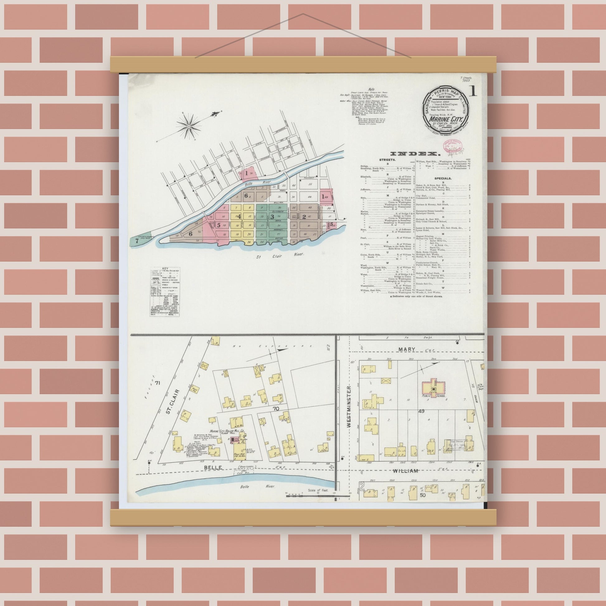 Old map wall art mockup — magnetic wood frame on brick wall — Sanborn Fire Insurance Map from Marine City, Saint Clair County, Michigan (1895) - Complete Map Set