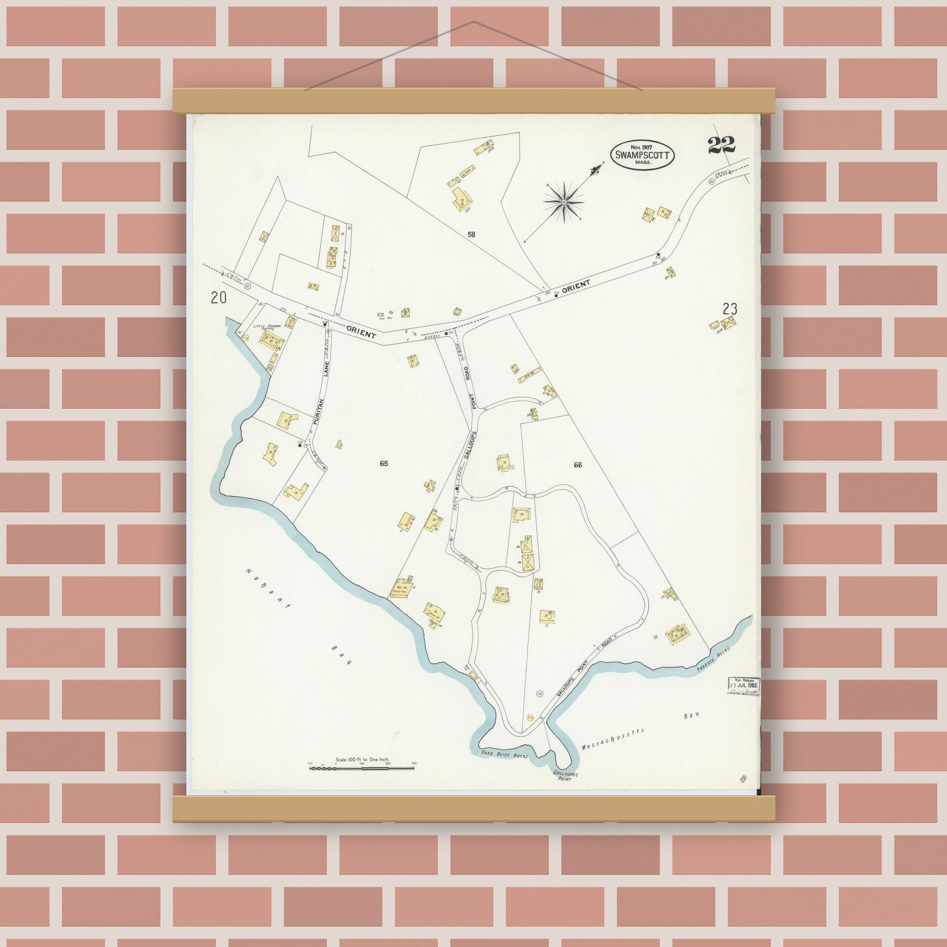 Old map wall art mockup — magnetic wood frame on brick wall — Sanborn Fire Insurance Map from Swampscott, Essex County, Massachusetts (1907), Sheet #0022