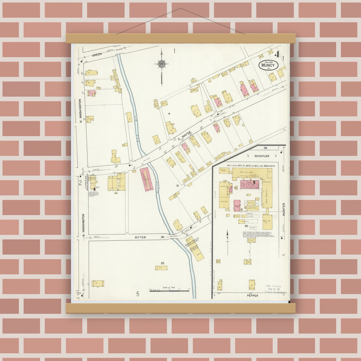 Old map wall art mockup — magnetic wood frame on brick wall — Sanborn Fire Insurance Map from Muncy, Lycoming County, Pennsylvania (1916), Sheet #0004