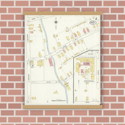 Old map wall art mockup — magnetic wood frame on brick wall — Sanborn Fire Insurance Map from Muncy, Lycoming County, Pennsylvania (1916), Sheet #0004