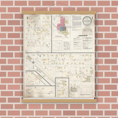 Old map wall art mockup — magnetic wood frame on brick wall — Sanborn Fire Insurance Map from Leonard, Fannin County, Texas (1945) - Complete Map Set