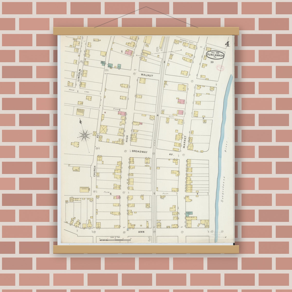 Old map wall art mockup — magnetic wood frame on brick wall — Sanborn Fire Insurance Map from Duncannon, Perry County, Pennsylvania (1894), Sheet #0004