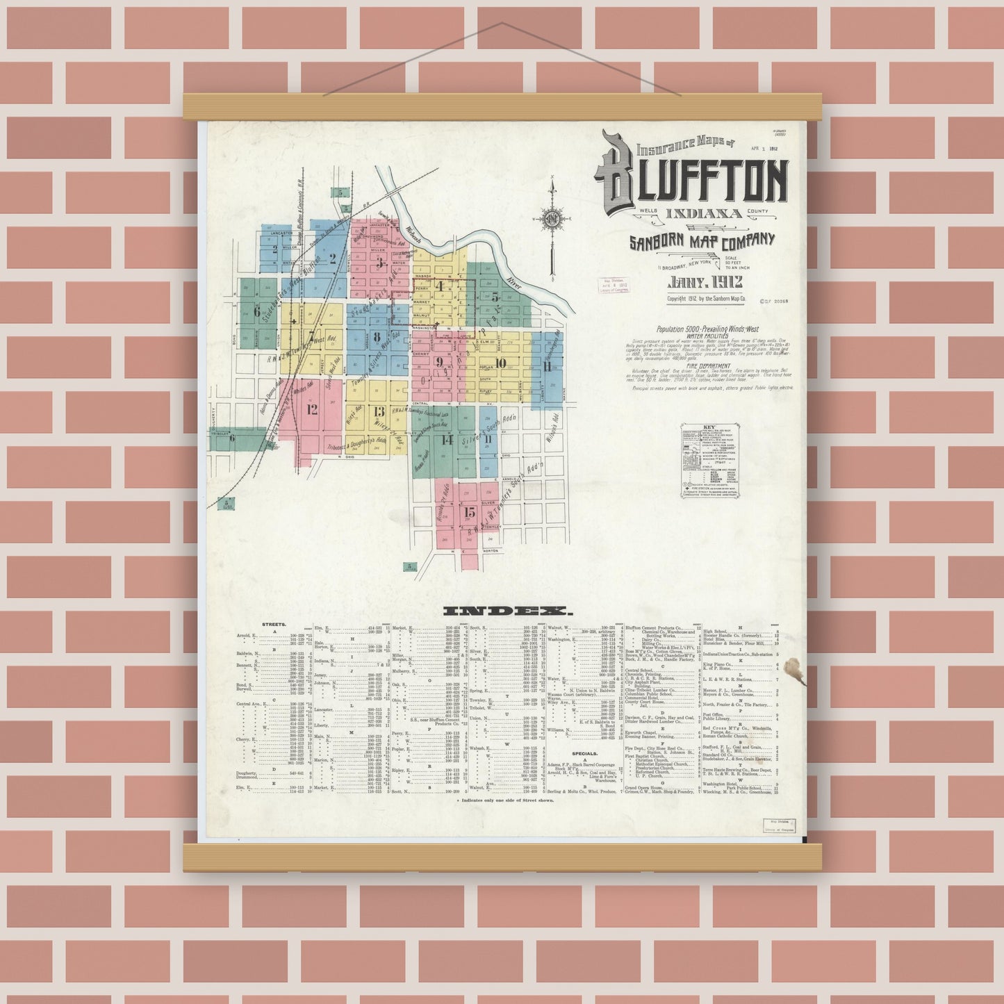 Old map wall art mockup — magnetic wood frame on brick wall — Sanborn Fire Insurance Map from Bluffton, Wells County, Indiana (1912) - Complete Map Set