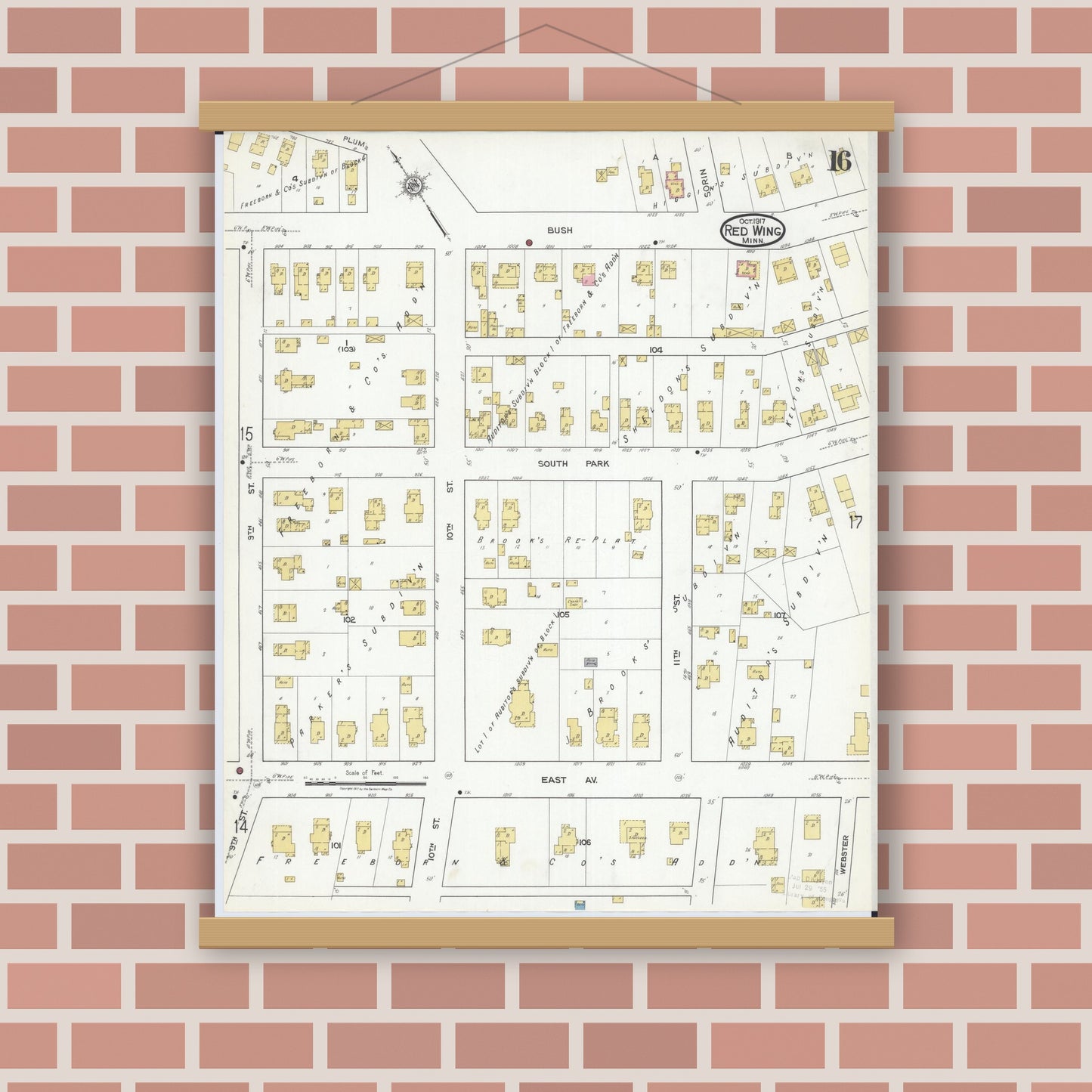 Old map wall art mockup — magnetic wood frame on brick wall — Sanborn Fire Insurance Map from Red Wing, Goodhue County, Minnesota (1917), Sheet #0016