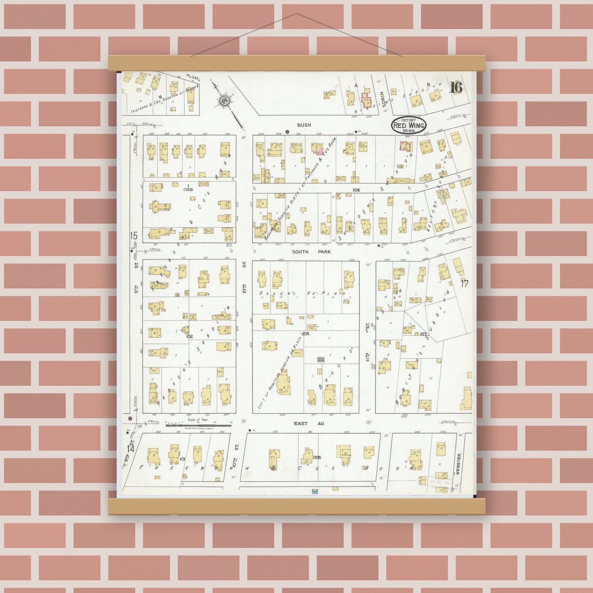 Old map wall art mockup — magnetic wood frame on brick wall — Sanborn Fire Insurance Map from Red Wing, Goodhue County, Minnesota (1917), Sheet #0016