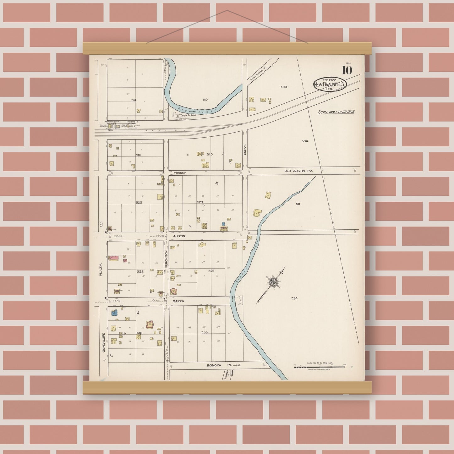 Old map wall art mockup — magnetic wood frame on brick wall — Sanborn Fire Insurance Map from New Braunfels, Comal County, Texas (1922), Sheet #0010