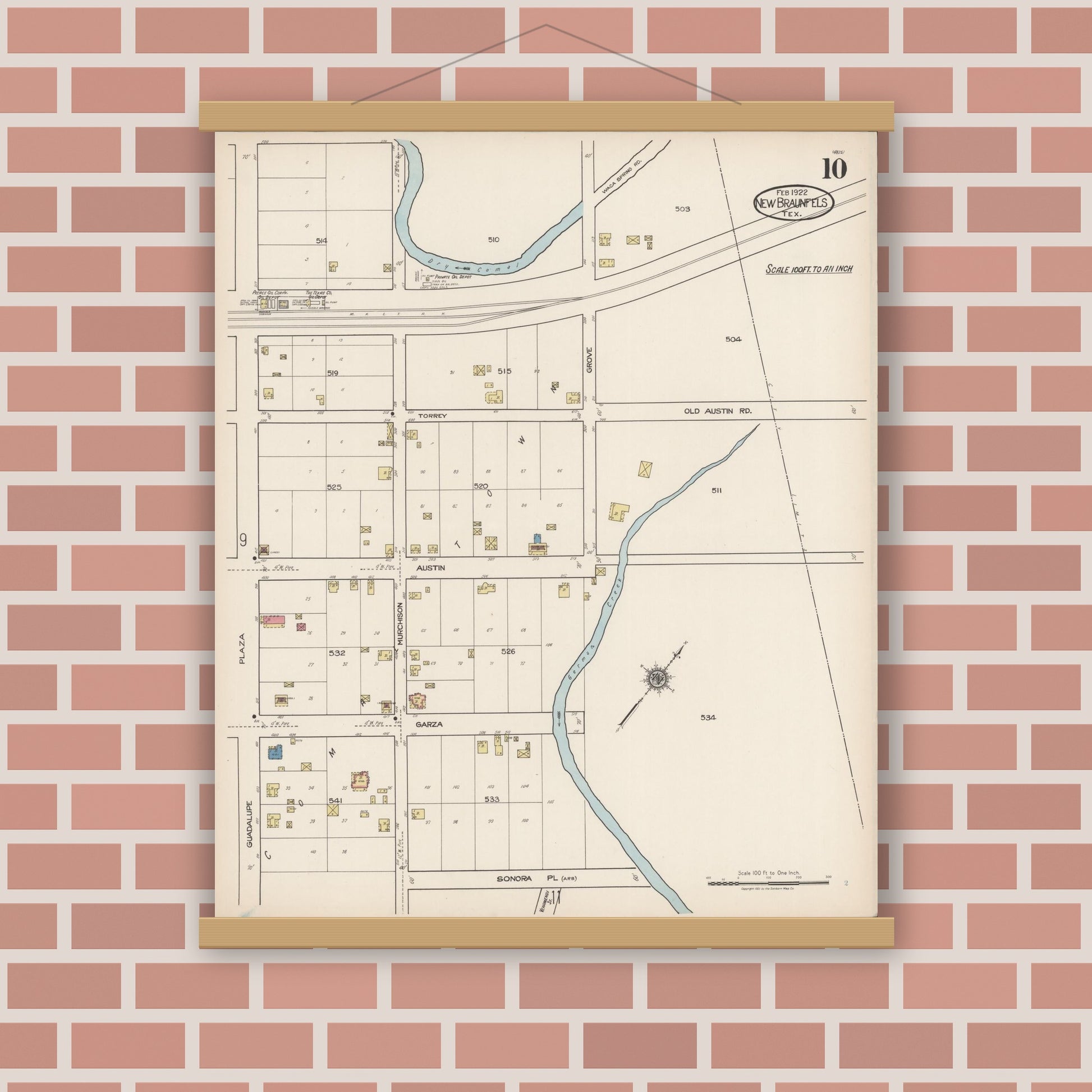 Old map wall art mockup — magnetic wood frame on brick wall — Sanborn Fire Insurance Map from New Braunfels, Comal County, Texas (1922), Sheet #0010