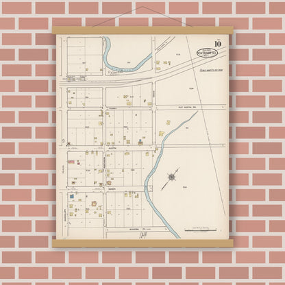 Old map wall art mockup — magnetic wood frame on brick wall — Sanborn Fire Insurance Map from New Braunfels, Comal County, Texas (1922), Sheet #0010