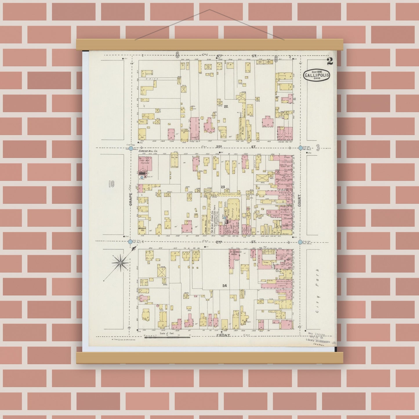 Old map wall art mockup — magnetic wood frame on brick wall — Sanborn Fire Insurance Map from Gallipolis, Gallia County, Ohio (1895), Sheet #0002