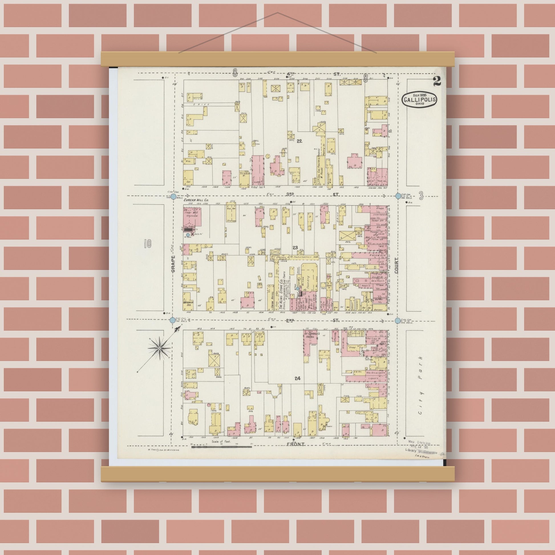 Old map wall art mockup — magnetic wood frame on brick wall — Sanborn Fire Insurance Map from Gallipolis, Gallia County, Ohio (1895), Sheet #0002