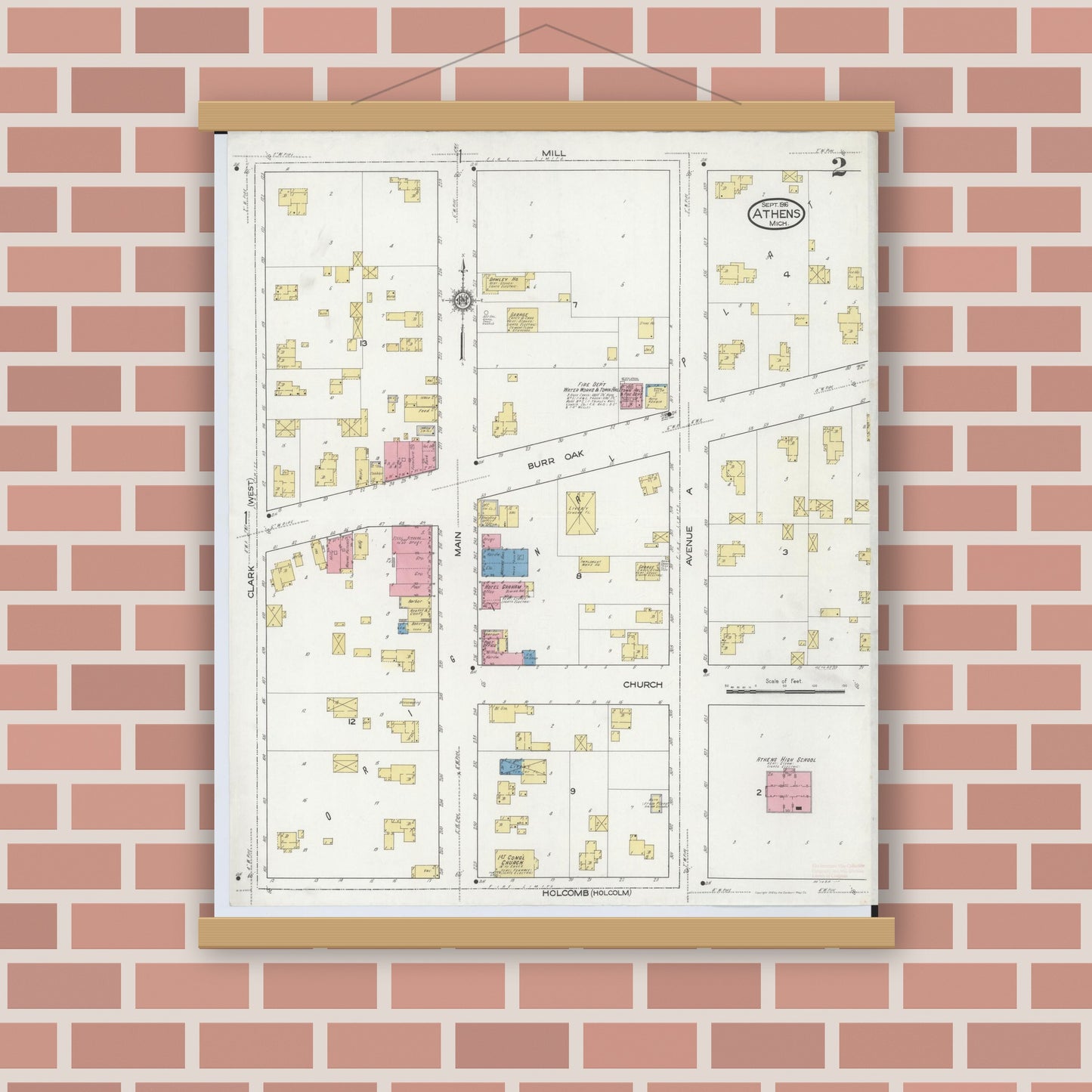 Old map wall art mockup — magnetic wood frame on brick wall — Sanborn Fire Insurance Map from Athens, Calhoun County, Michigan (1916), Sheet #0002