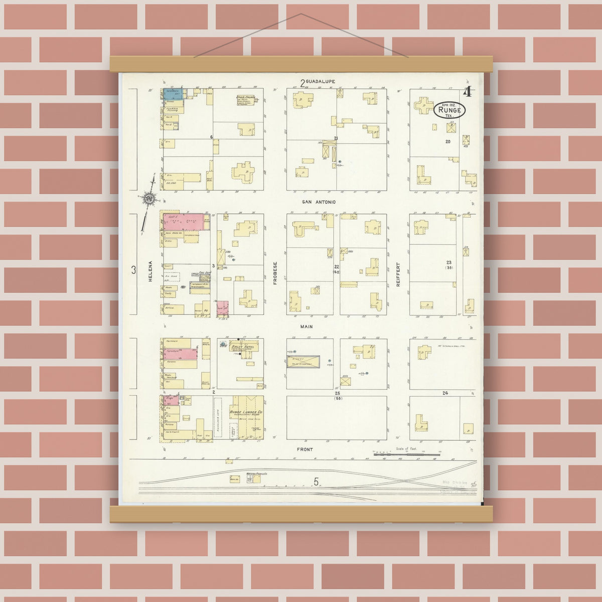 Old map wall art mockup — magnetic wood frame on brick wall — Sanborn Fire Insurance Map from Runge, Karnes County, Texas (1912), Sheet #0004