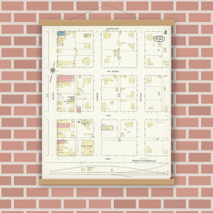 Old map wall art mockup — magnetic wood frame on brick wall — Sanborn Fire Insurance Map from Runge, Karnes County, Texas (1912), Sheet #0004