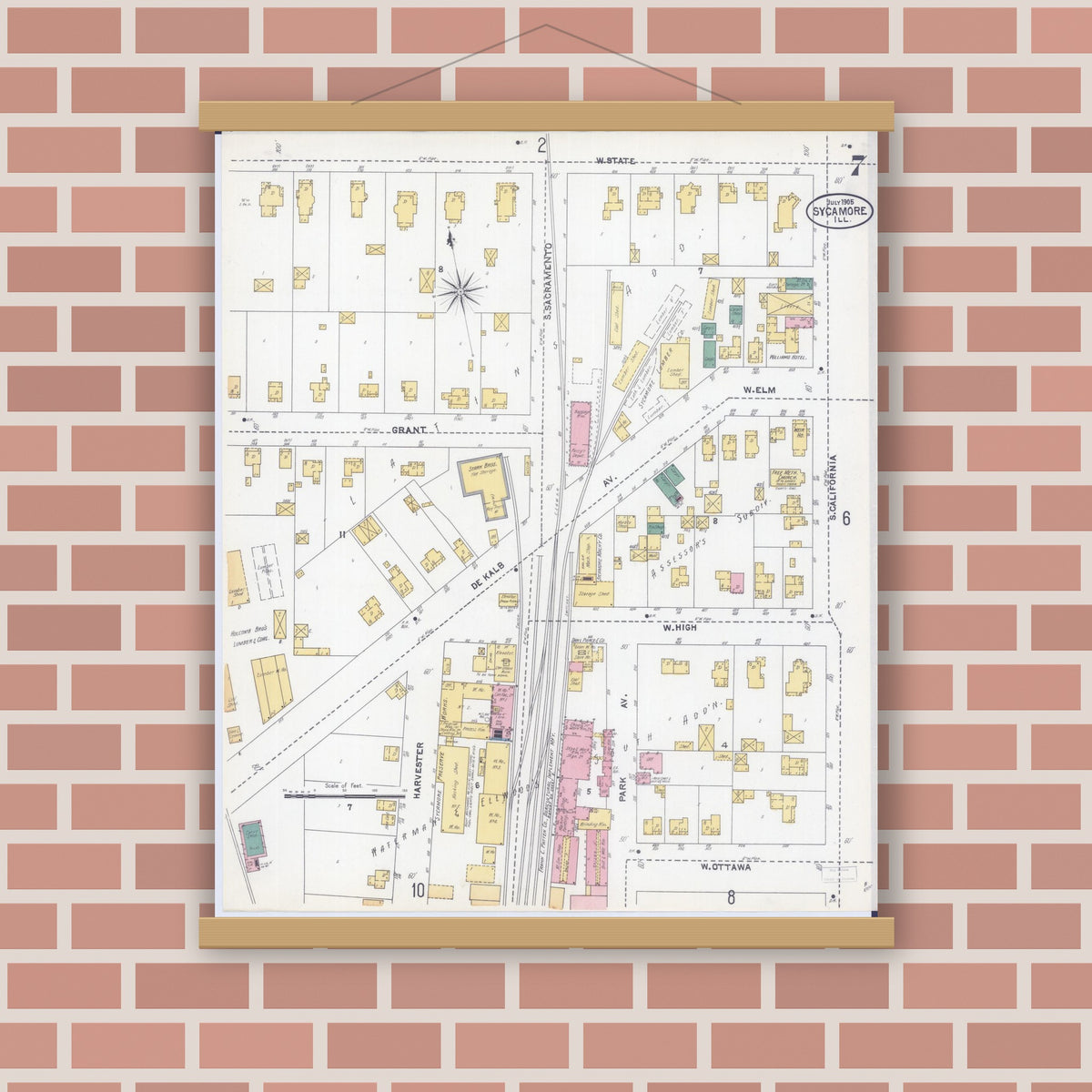 Old map wall art mockup — magnetic wood frame on brick wall — Sanborn Fire Insurance Map from Sycamore, De Kalb County, Illinois (1905), Sheet #0007