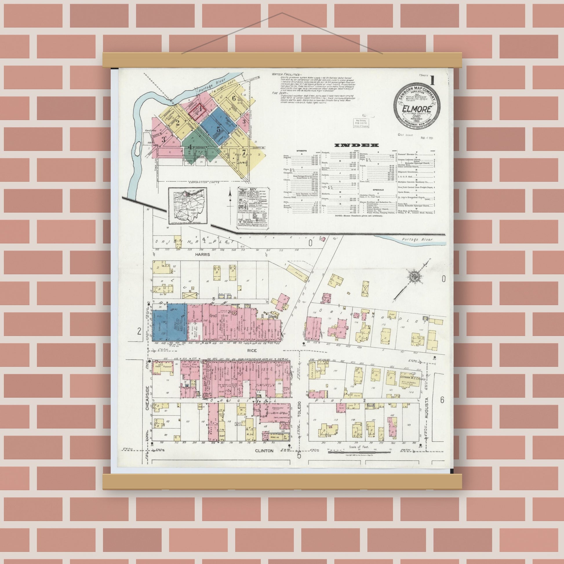 Old map wall art mockup — magnetic wood frame on brick wall — Sanborn Fire Insurance Map from Elmore, Ottawa County, Ohio (1920) - Complete Map Set