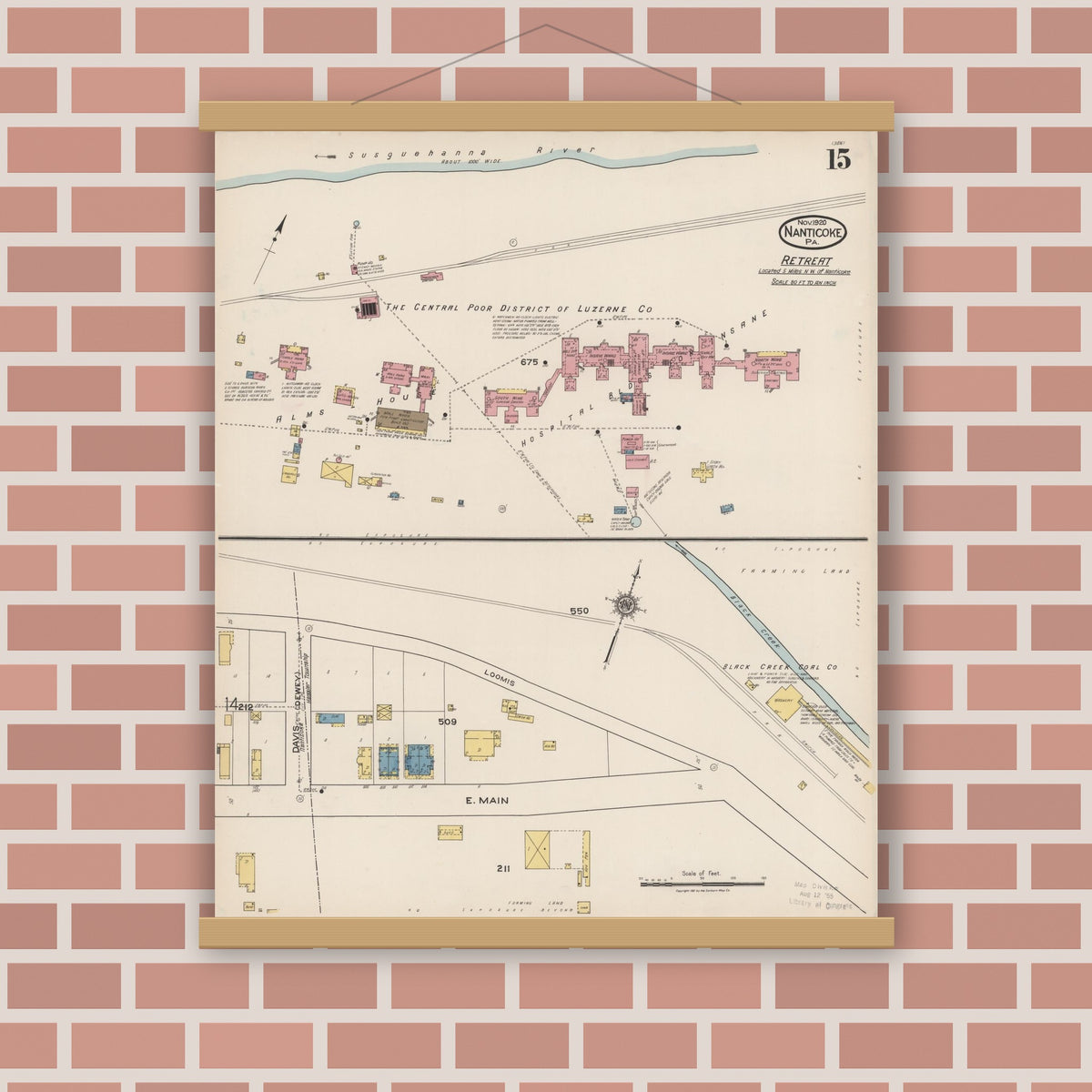 Old map wall art mockup — magnetic wood frame on brick wall — Sanborn Fire Insurance Map from Nanticoke, Luzerne County, Pennsylvania (1920), Sheet #0015