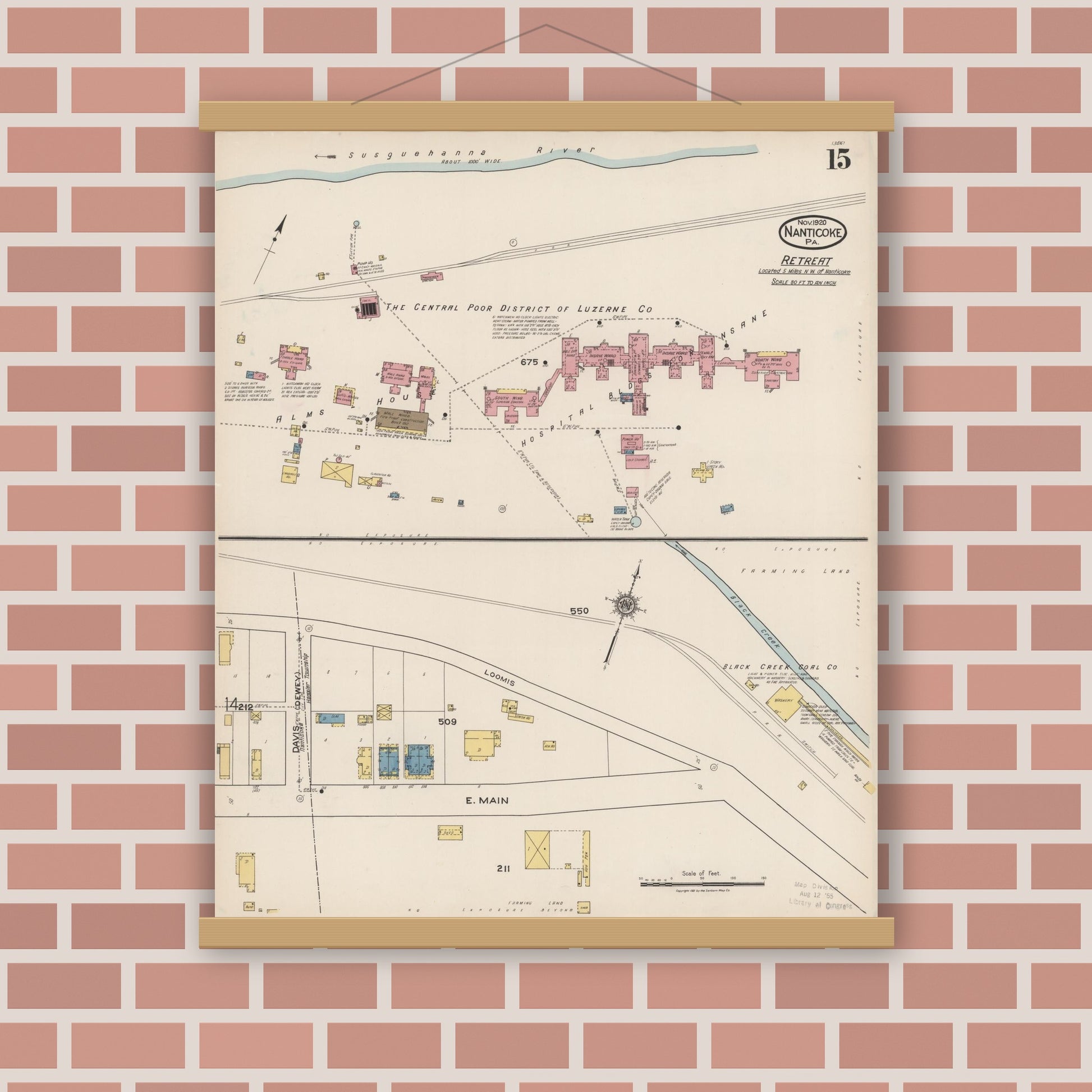 Old map wall art mockup — magnetic wood frame on brick wall — Sanborn Fire Insurance Map from Nanticoke, Luzerne County, Pennsylvania (1920), Sheet #0015