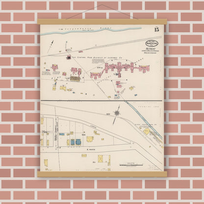 Old map wall art mockup — magnetic wood frame on brick wall — Sanborn Fire Insurance Map from Nanticoke, Luzerne County, Pennsylvania (1920), Sheet #0015