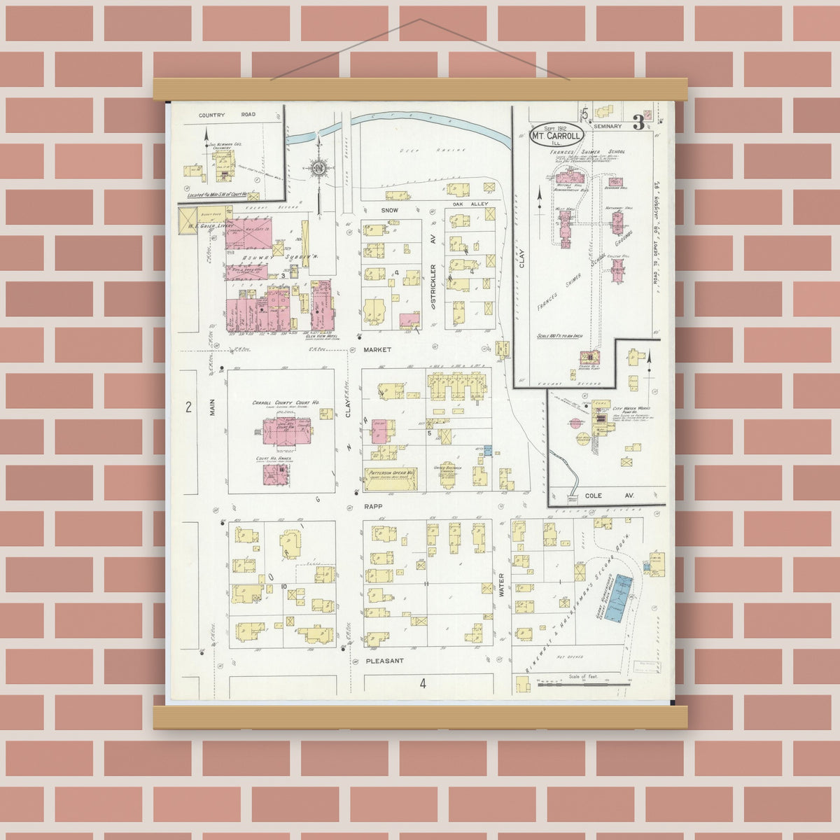 Old map wall art mockup — magnetic wood frame on brick wall — Sanborn Fire Insurance Map from Mount Carroll, Carroll County, Illinois (1912), Sheet #0003