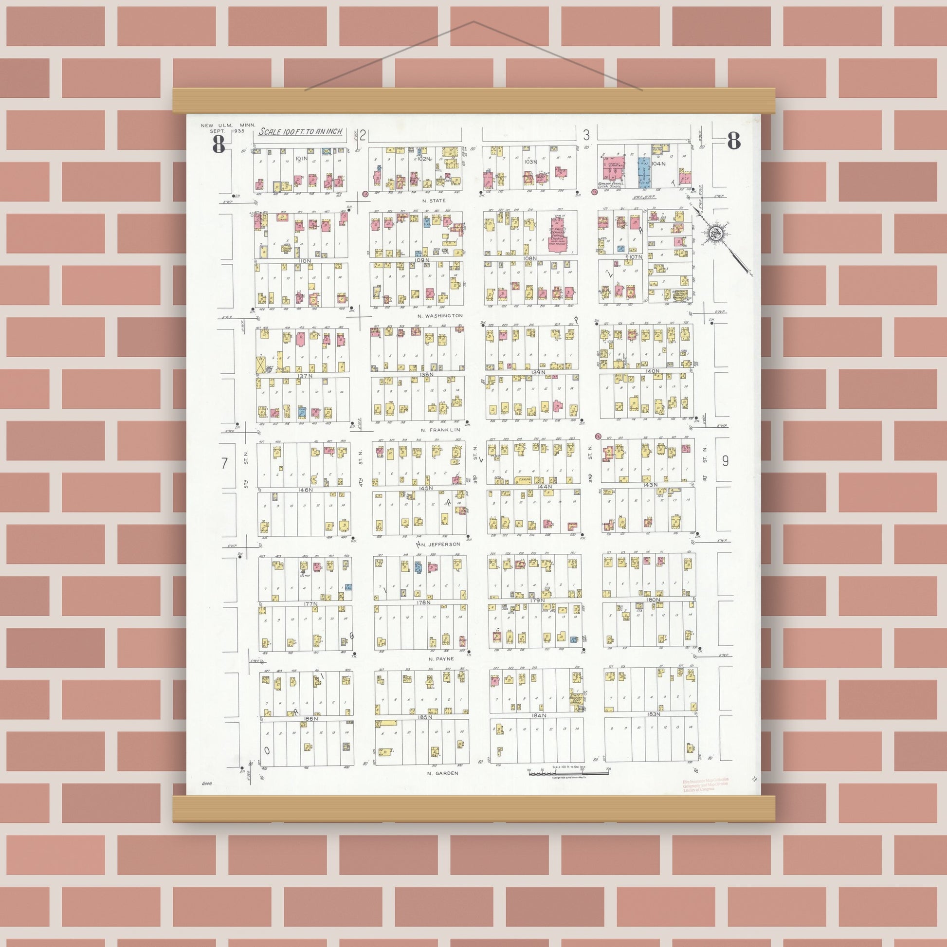 Old map wall art mockup — magnetic wood frame on brick wall — Sanborn Fire Insurance Map from New Ulm, Brown County, Minnesota (1935), Sheet #0008