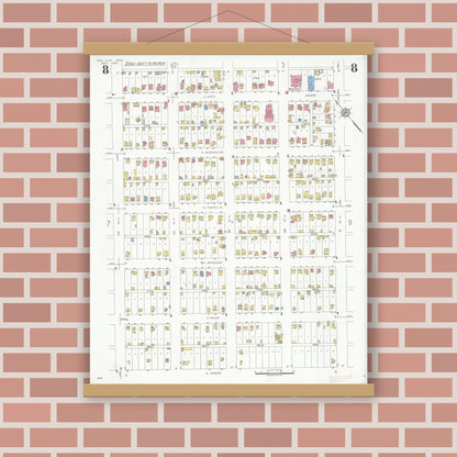 Old map wall art mockup — magnetic wood frame on brick wall — Sanborn Fire Insurance Map from New Ulm, Brown County, Minnesota (1935), Sheet #0008