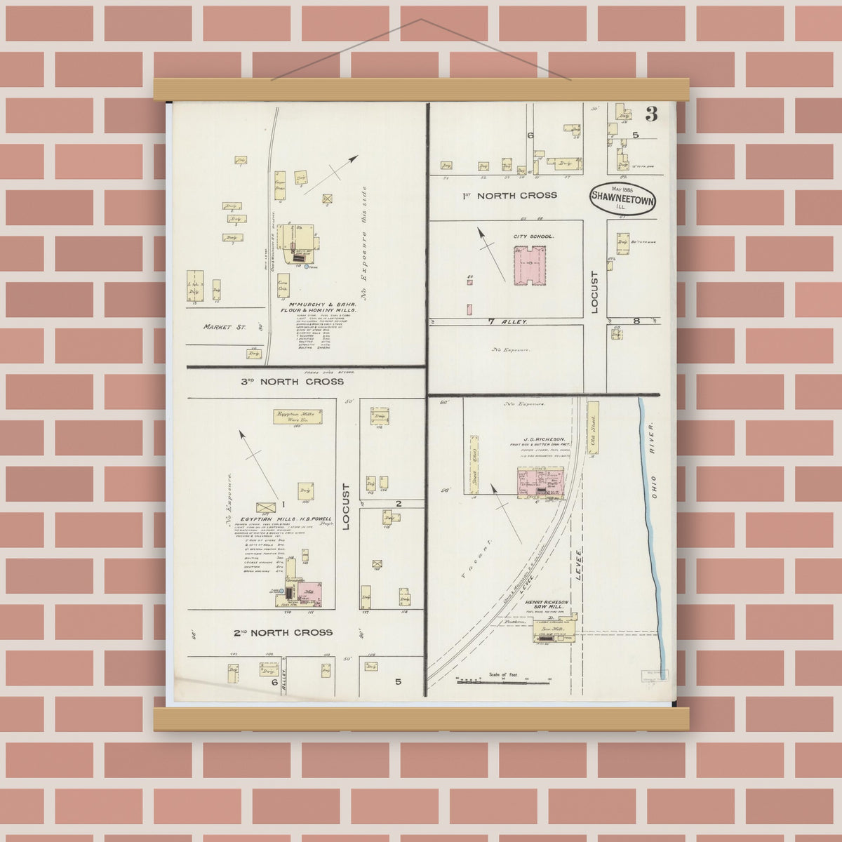 Old map wall art mockup — magnetic wood frame on brick wall — Sanborn Fire Insurance Map from Shawneetown, Gallatin County, Illinois (1885), Sheet #0003