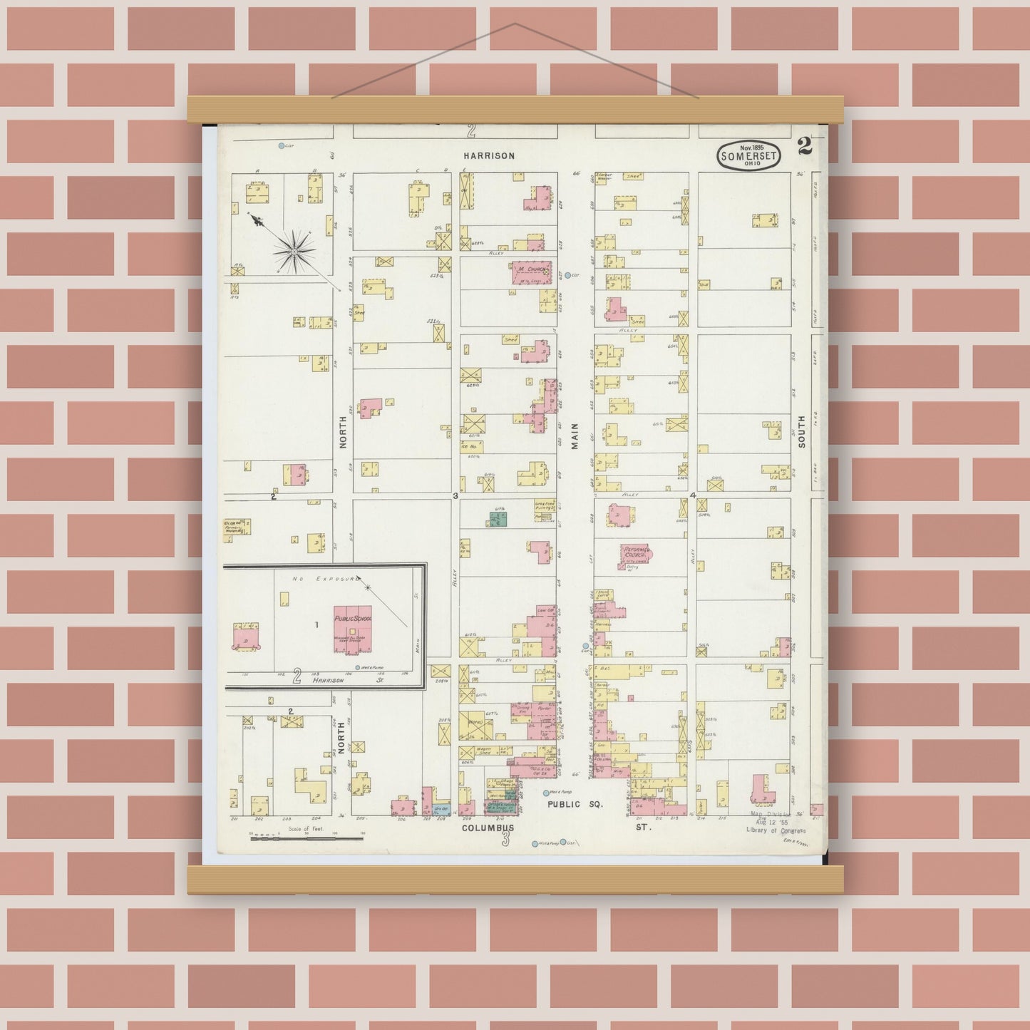 Old map wall art mockup — magnetic wood frame on brick wall — Sanborn Fire Insurance Map from Somerset, Perry County, Ohio (1895), Sheet #0002