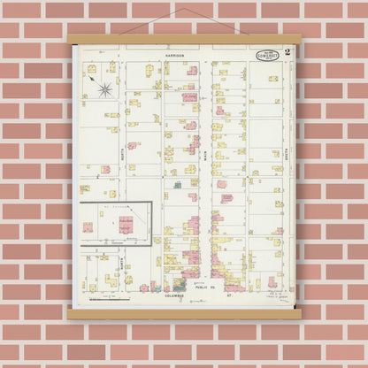 Old map wall art mockup — magnetic wood frame on brick wall — Sanborn Fire Insurance Map from Somerset, Perry County, Ohio (1895), Sheet #0002