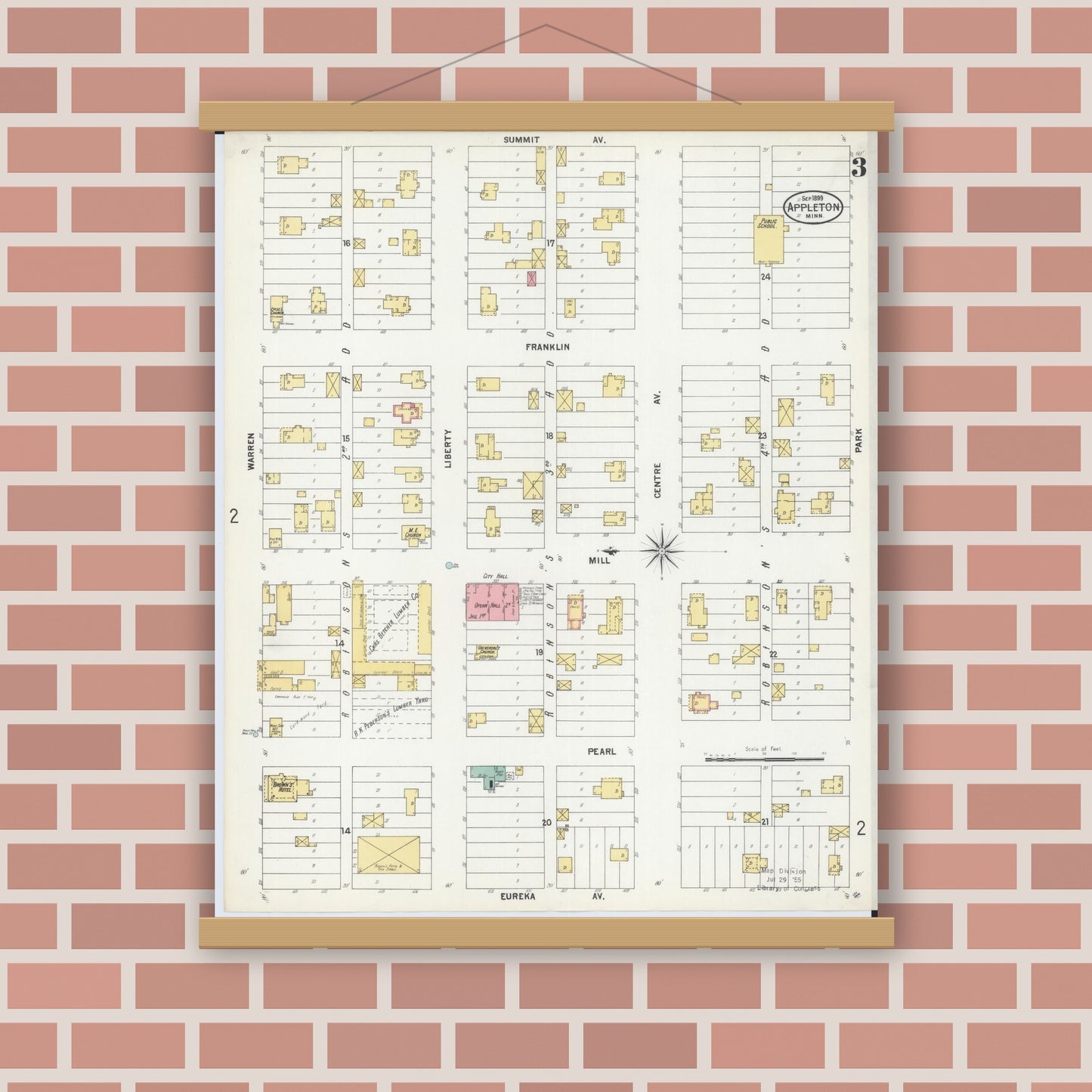 Old map wall art mockup — magnetic wood frame on brick wall — Sanborn Fire Insurance Map from Appleton, Swift County, Minnesota (1899), Sheet #0003