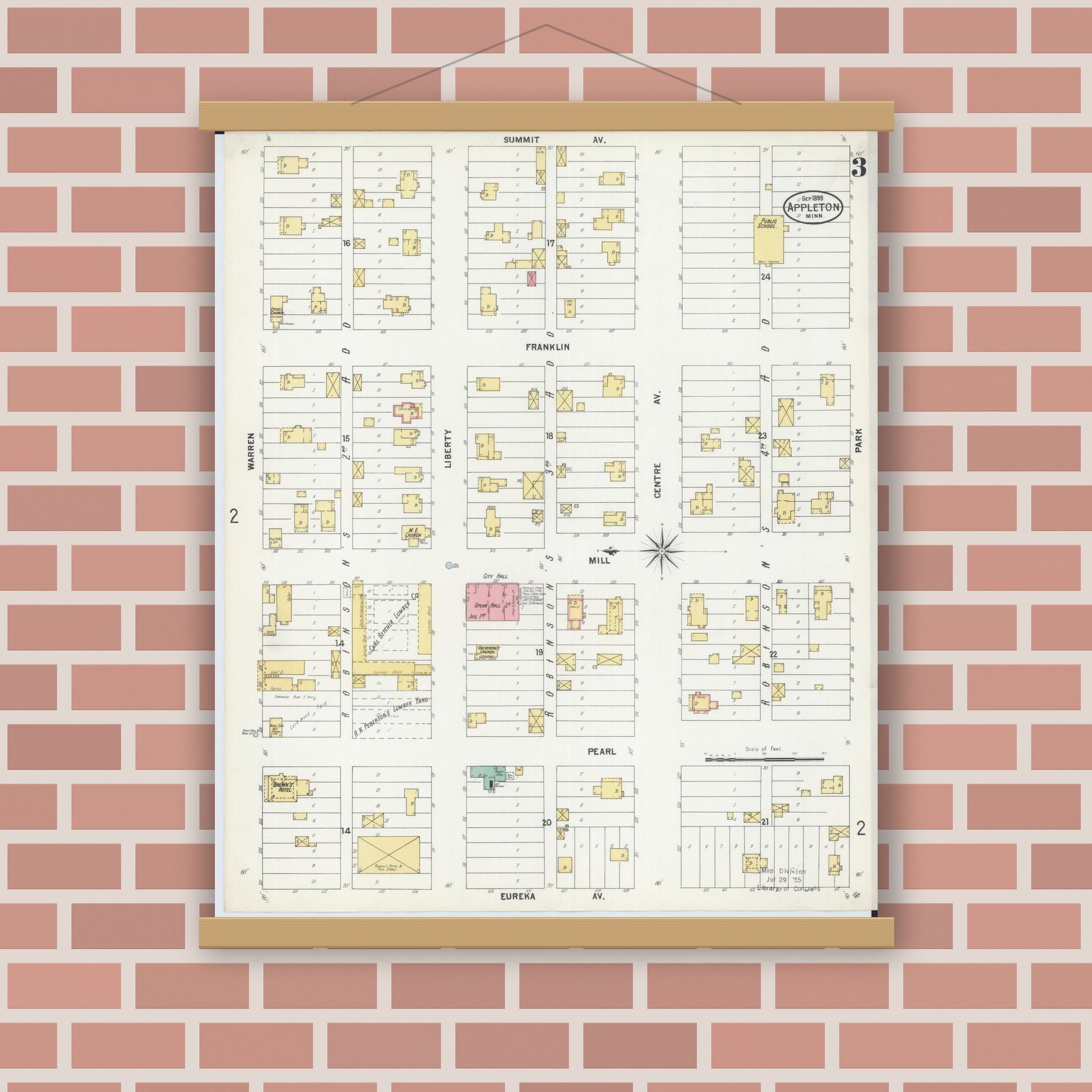 Old map wall art mockup — magnetic wood frame on brick wall — Sanborn Fire Insurance Map from Appleton, Swift County, Minnesota (1899), Sheet #0003